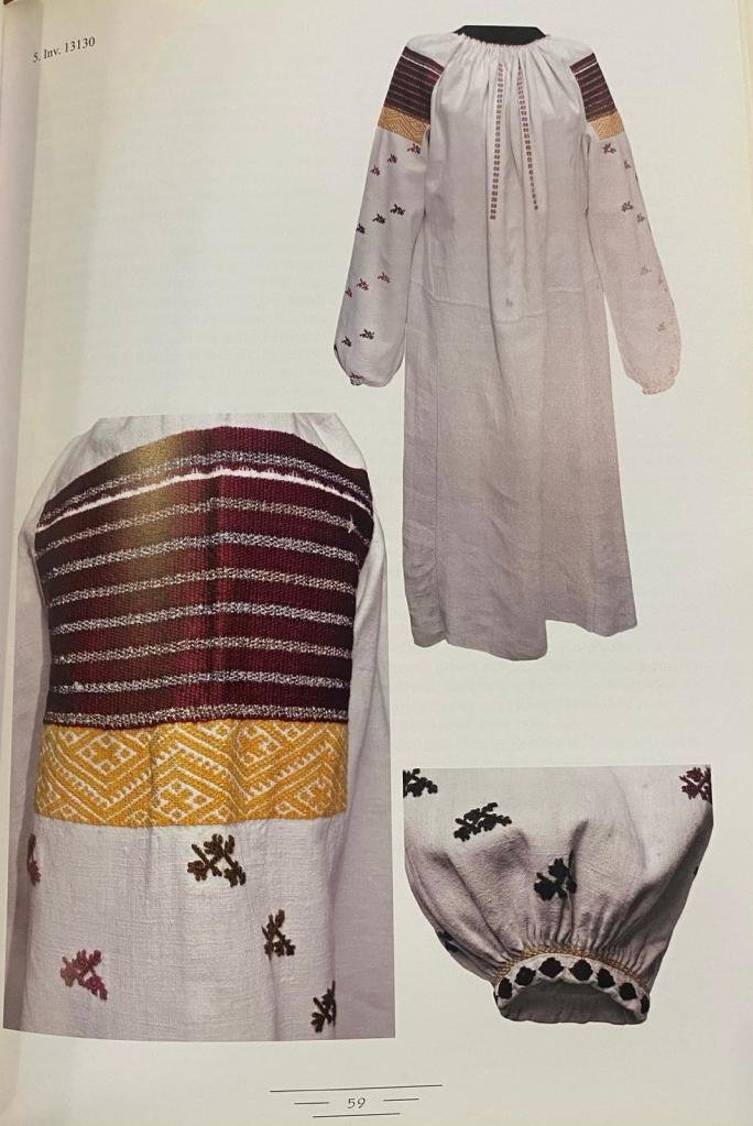 Ie cu poale, sec. XIX, lână oliv vișinie, coton portocaliu, roșu, fir metalic auriu